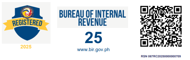 BIR Registration Seal Badge: Registered 2025, Bureau of Internal Revenue, with verification QR code and registration number RSN 067RC20250000000709