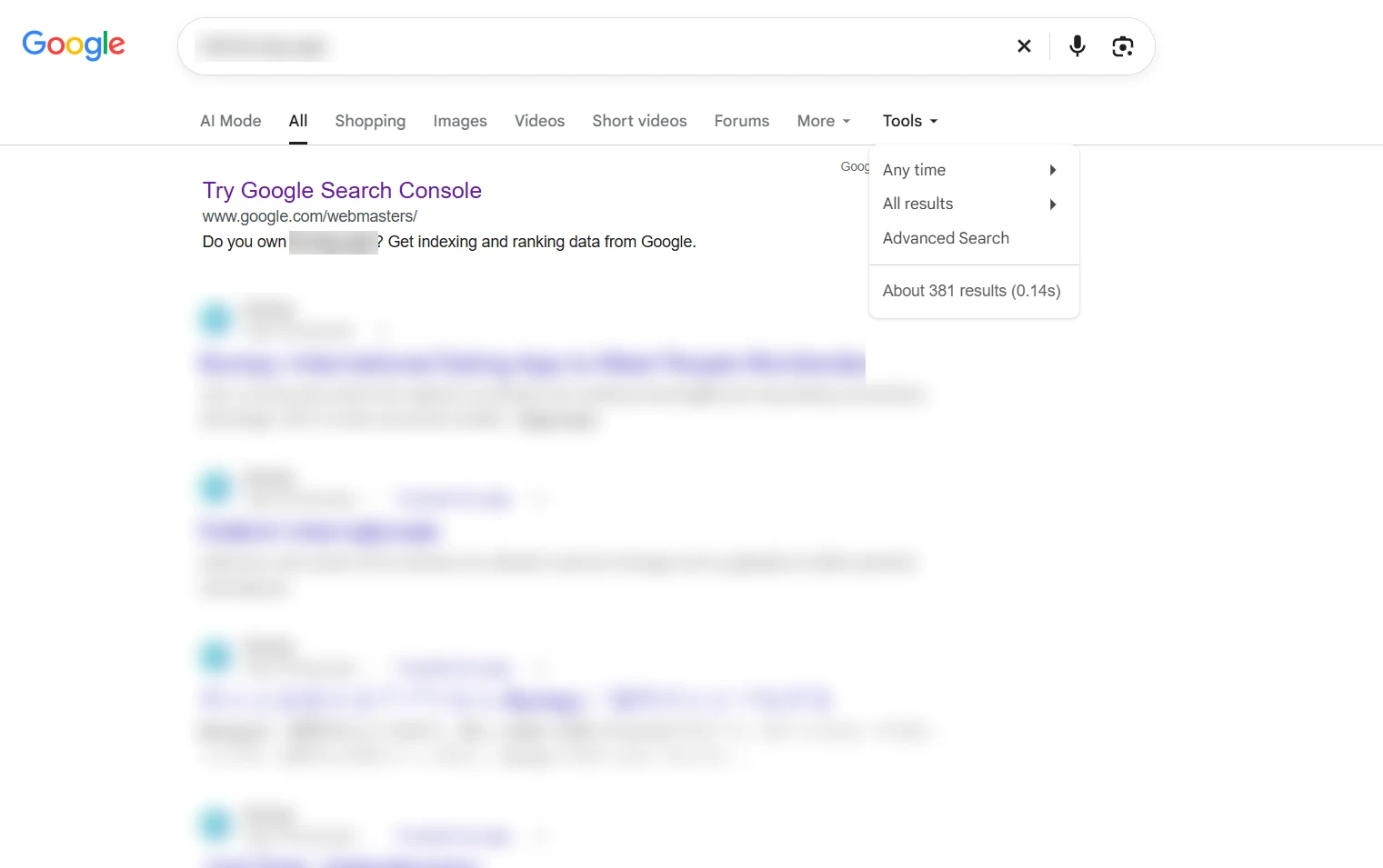 Google search results page showing about 381 results for the client domain, with client details blurred